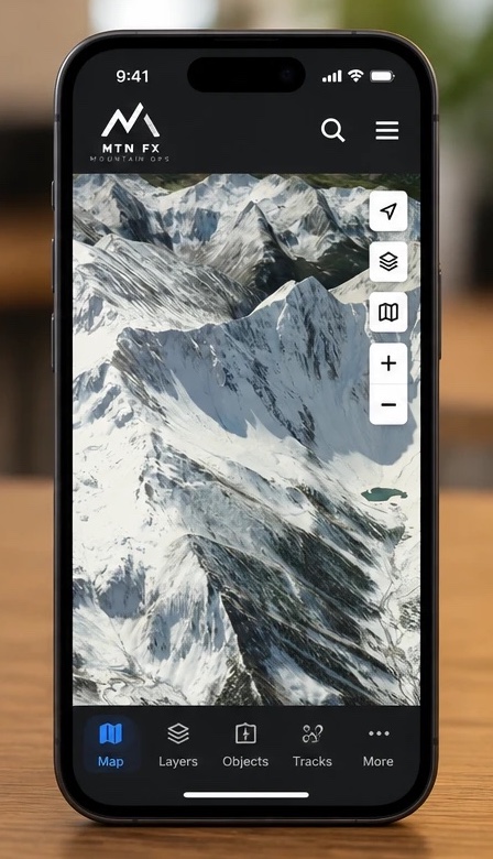 An iPhone running MTN FX with the 3D terrain map, layer controls, and Map, Layers, Objects, and Tracks tabs